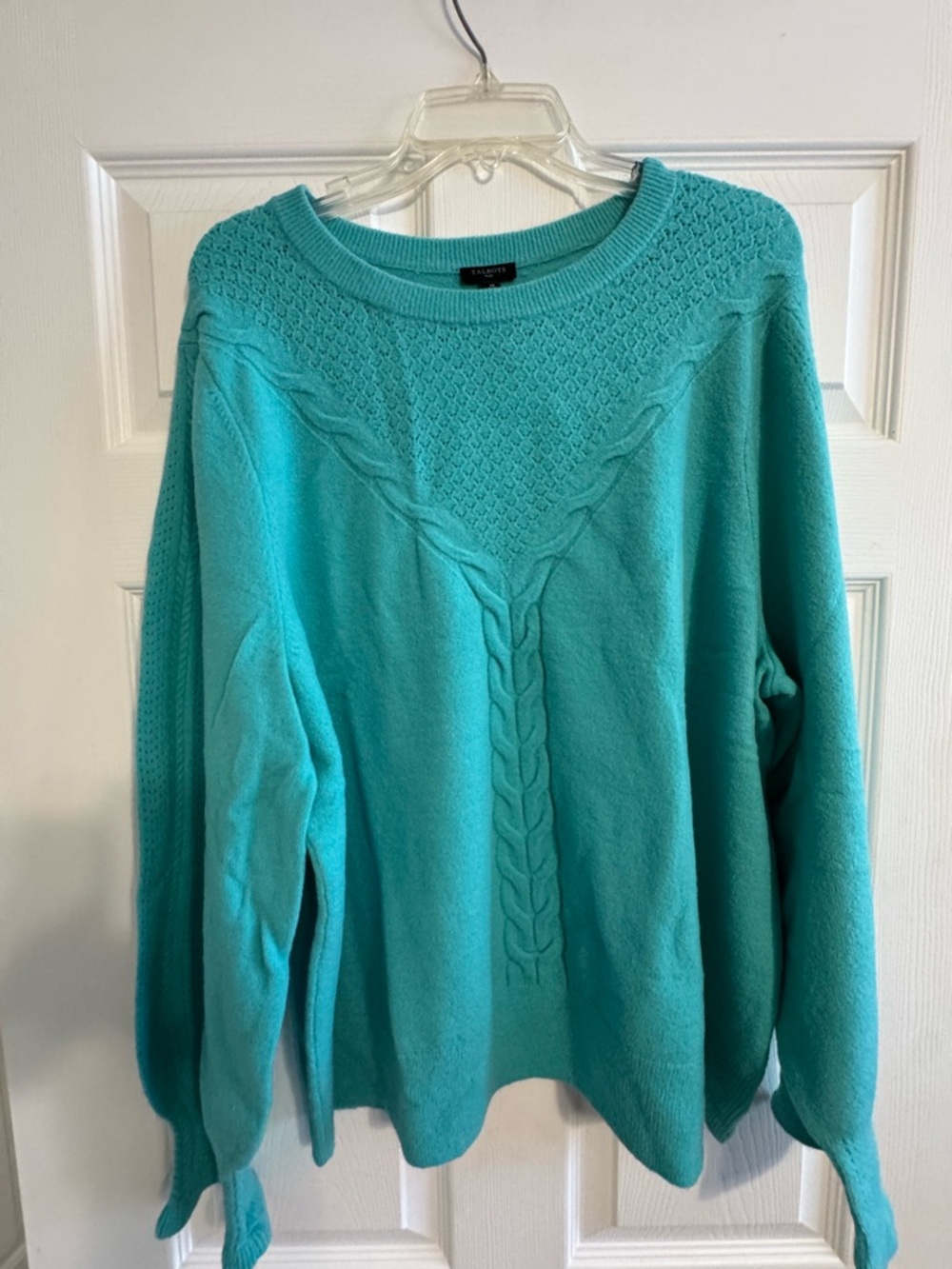 Talbots Teal Cable-Front Crewneck Sweater